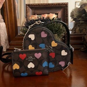 Coach Heart-Print Mini Crossbody and Wallet Set in Multi Hearts on Brown